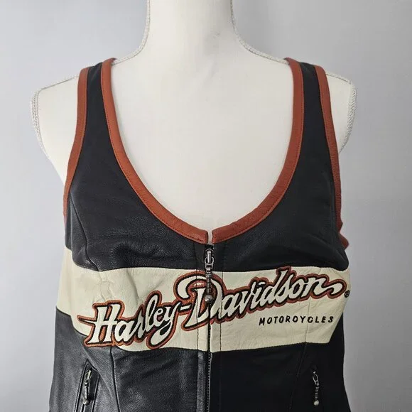 HARLEY DAVIDSON black VEST motorcycle GENUINE LEATHER pockets ZIPPER biker ORANG - Picture 2 of 15